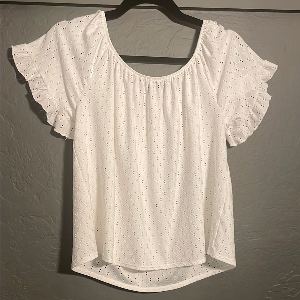 White Eyelet Ruffle Sleeve Top